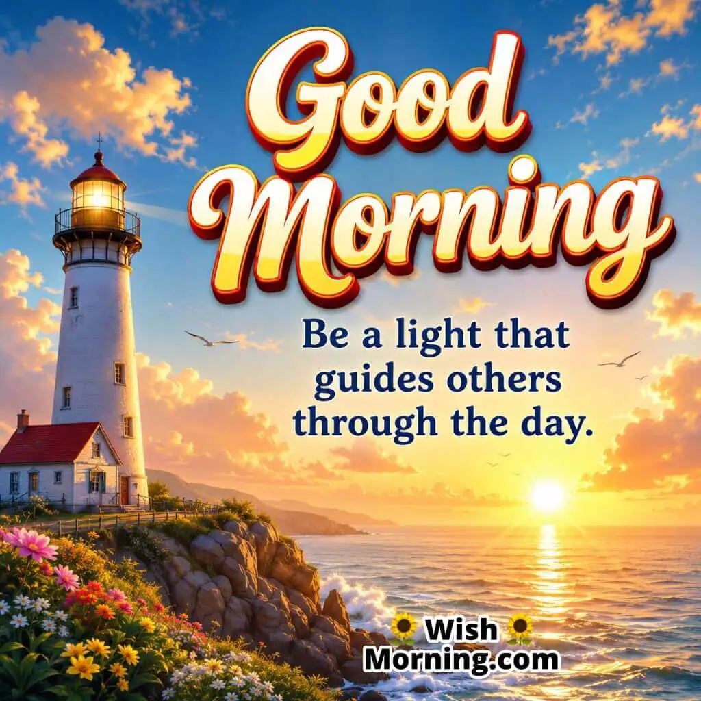 Good Morning Lighthouse Guidance Quote Image featuring lighthouse shining over the ocean at sunrise symbolizing leadership and hope