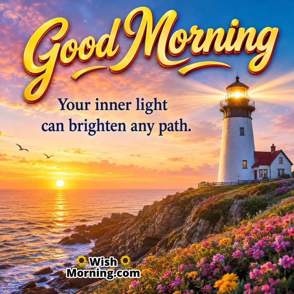 Good Morning Lighthouse Inner Light Quote featuring glowing lighthouse on a sunrise coastline symbolizing wisdom and encouragement