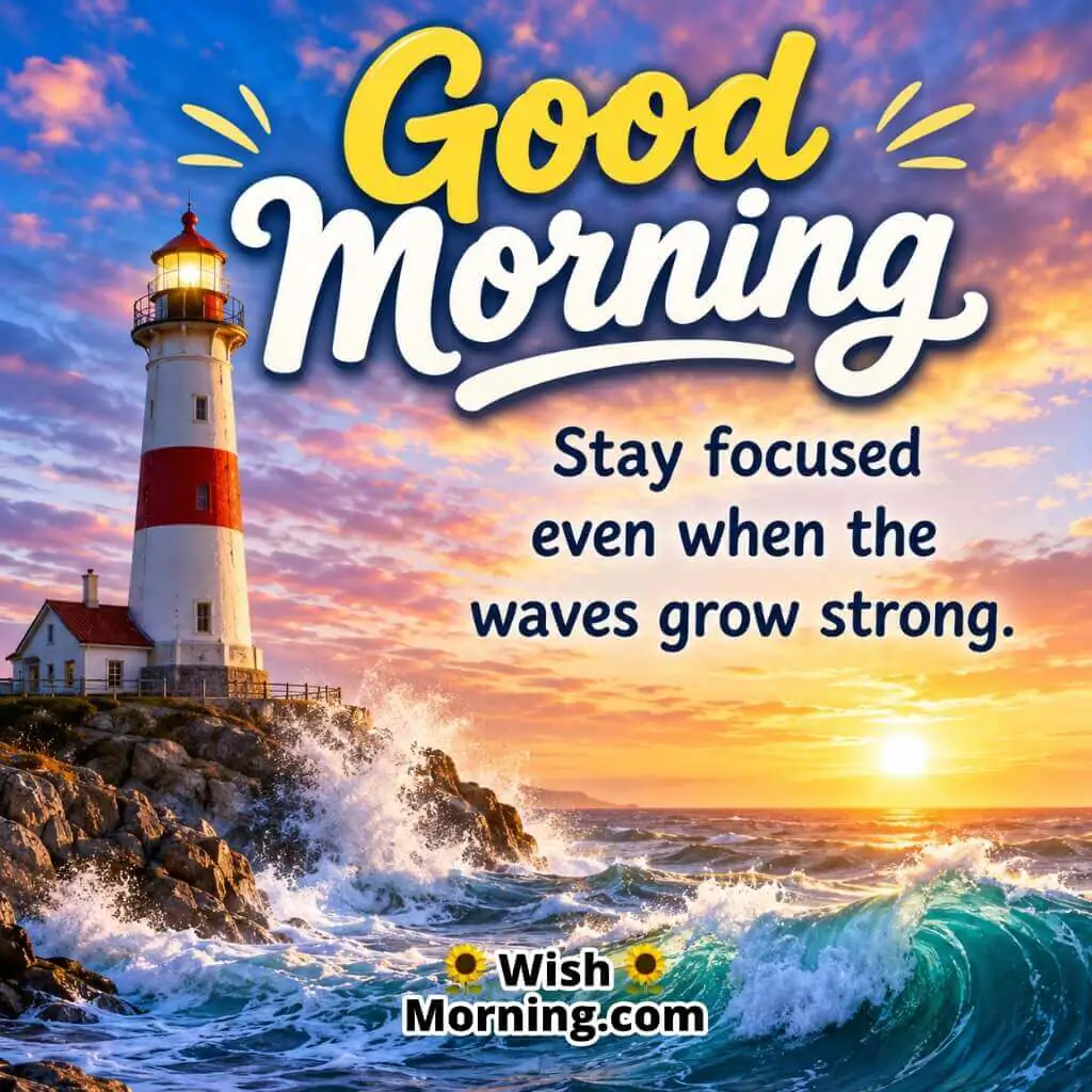 Good Morning Lighthouse Strength Quote featuring lighthouse standing firm against ocean waves symbolizing resilience and focus