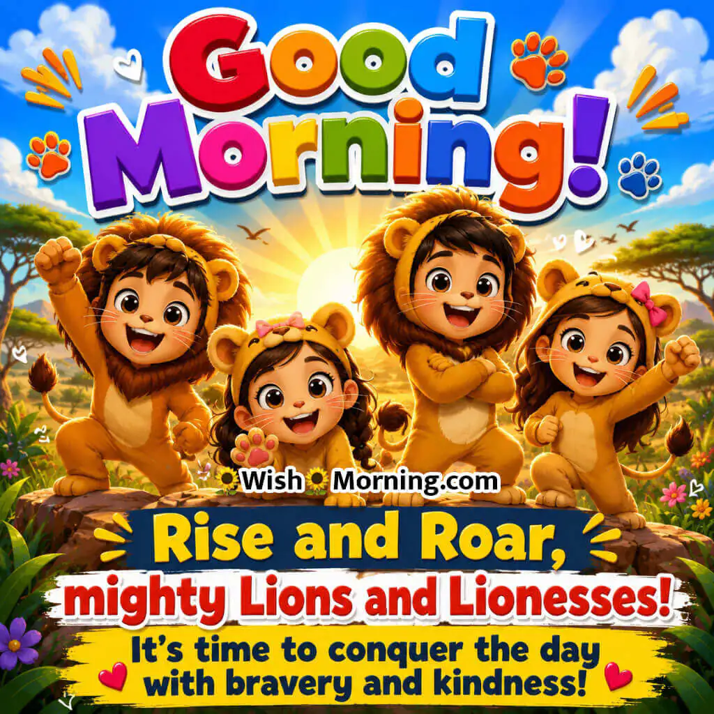 Good Morning Lion Kids Picture featuring cheerful children in lion costumes at sunrise symbolizing bravery, confidence and kindness.