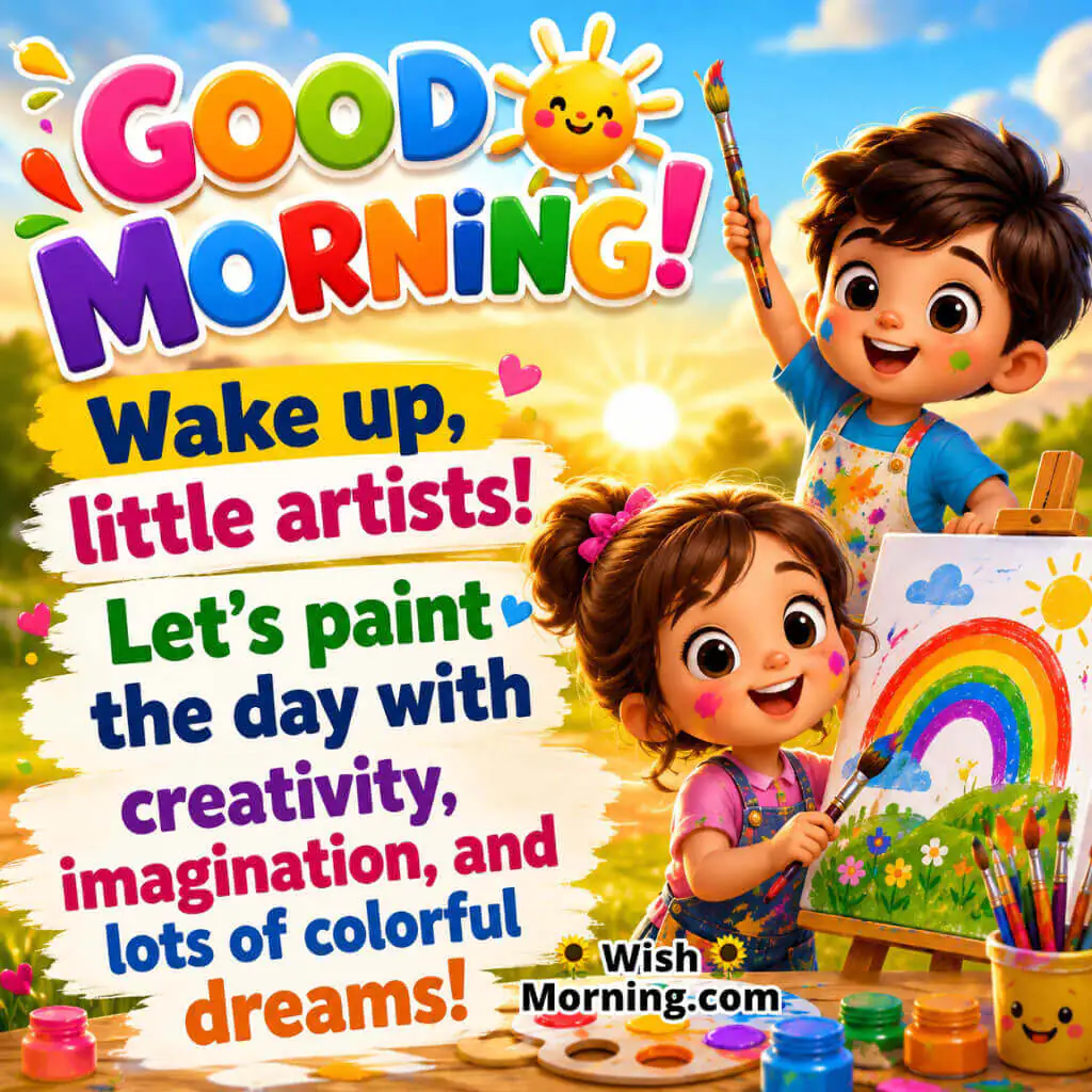 Good Morning Little Artists Pic featuring happy kids painting a rainbow on a canvas symbolizing imagination, creativity and colorful dreams.