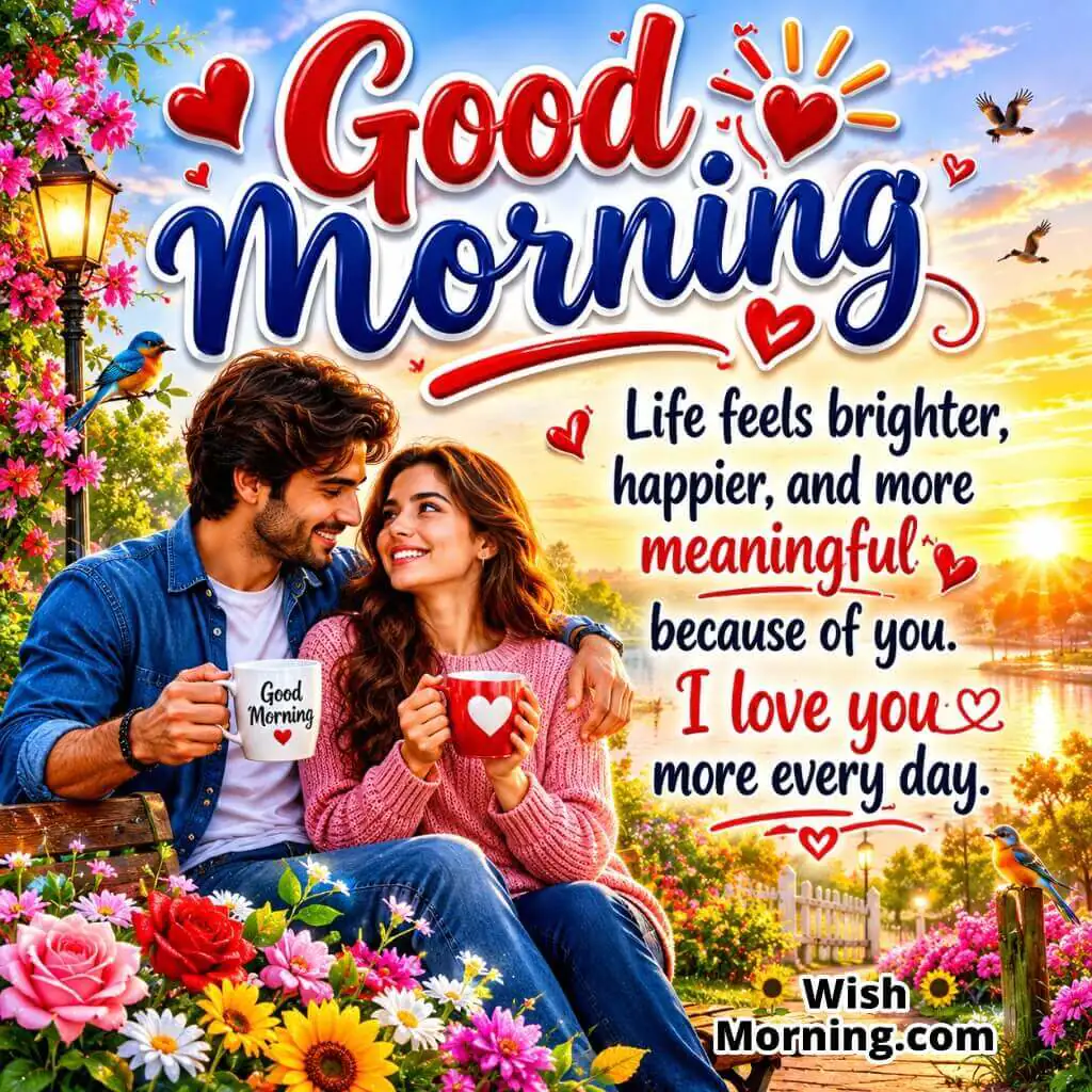 Good Morning Love Makes Life Beautiful Quote featuring smiling couple in sunrise park symbolizing happiness and togetherness