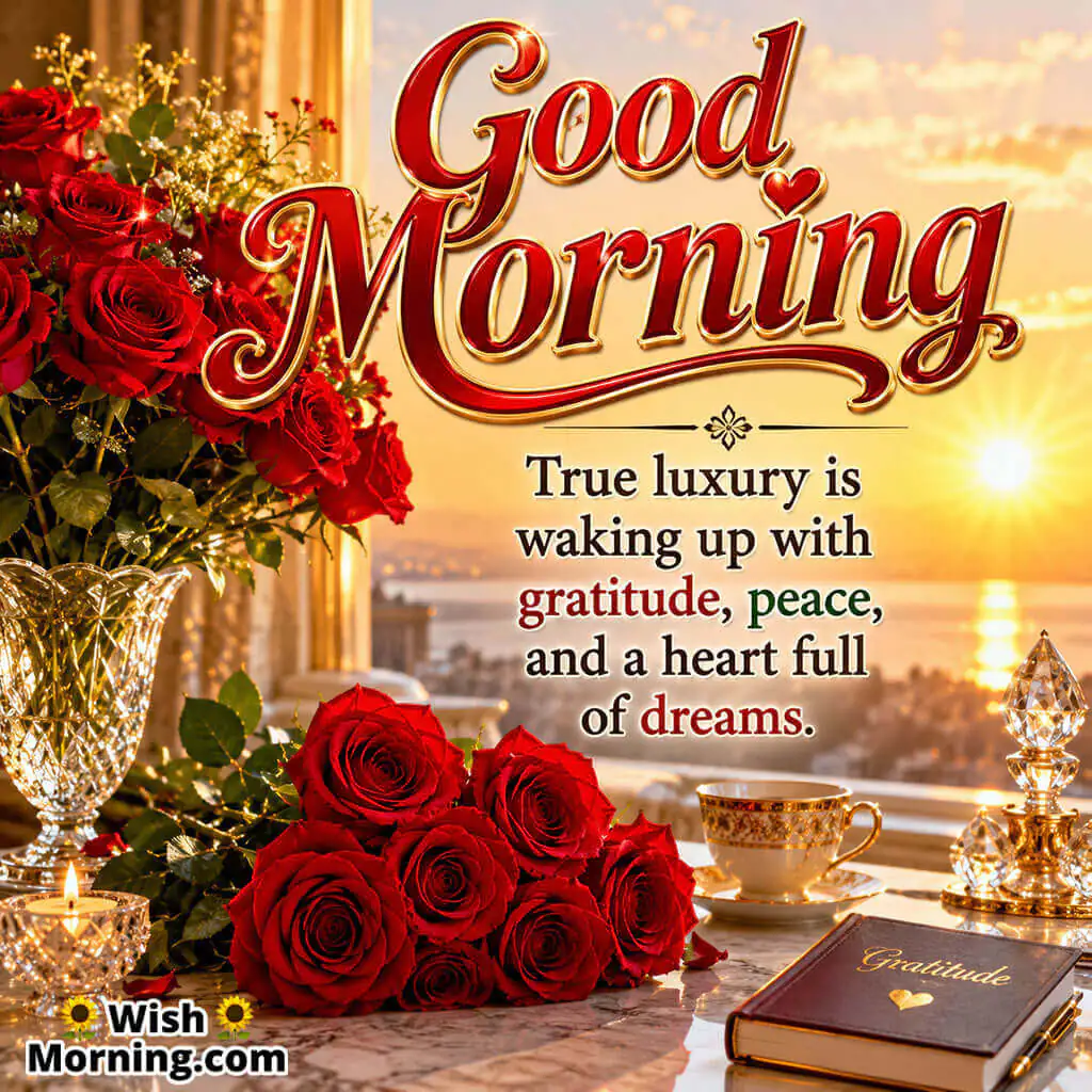 Good Morning Luxury Red Rose Gratitude Quote featuring elegant red roses with luxurious décor and sunrise light symbolizing gratitude and abundance