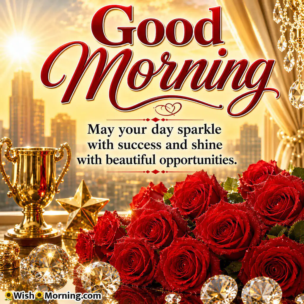 Good Morning Luxury Red Rose Success Wish featuring elegant roses and sparkling decorations symbolizing achievement and opportunity
