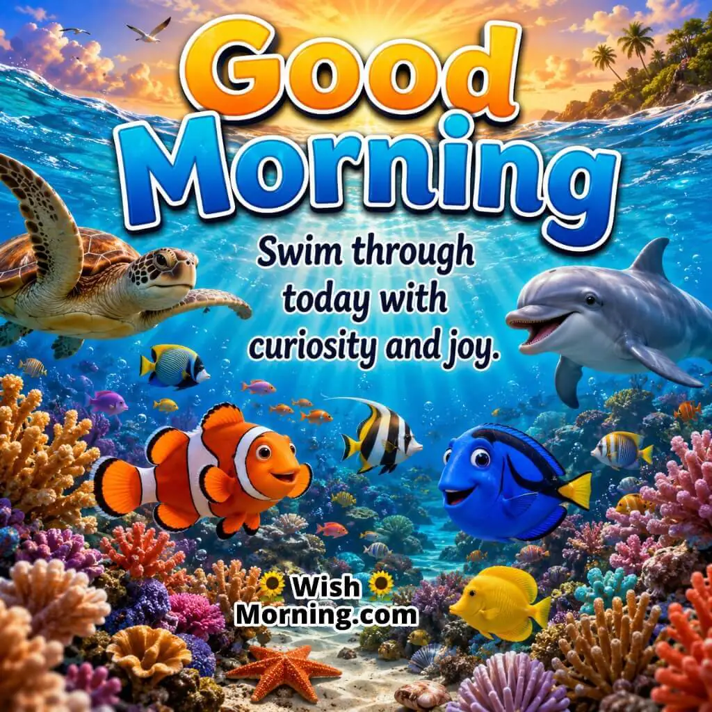 Good Morning Marine Life Joy Quote Image featuring colorful fish swimming near coral reefs symbolizing curiosity and happiness