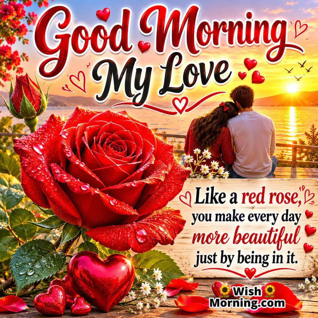 Good Morning My Love Red Rose Message featuring a glowing red rose and a loving couple at sunrise symbolizing romance and affection