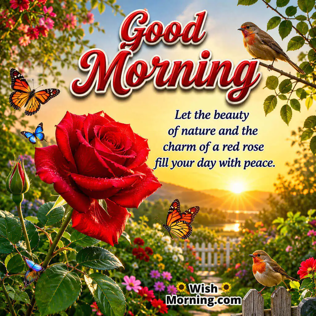 Good Morning Nature Red Rose Peace Quote featuring a blooming rose in a colorful sunrise garden symbolizing peace and natural beauty