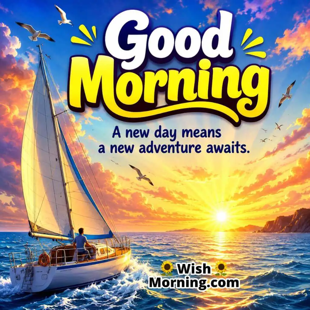 Good Morning Ocean Adventure Sailboat Quote featuring sailboat heading toward a sunrise horizon symbolizing discovery and opportunity