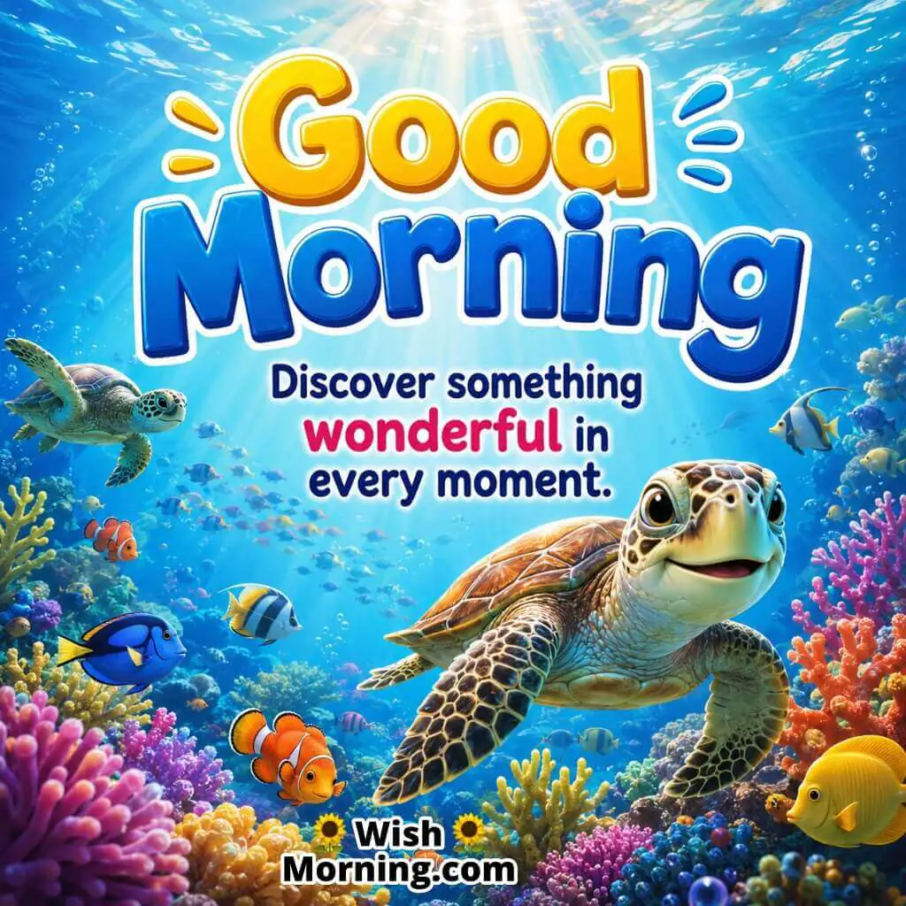 Good Morning Ocean Discovery Quote Image featuring colorful marine life and coral reefs symbolizing wonder and exploration