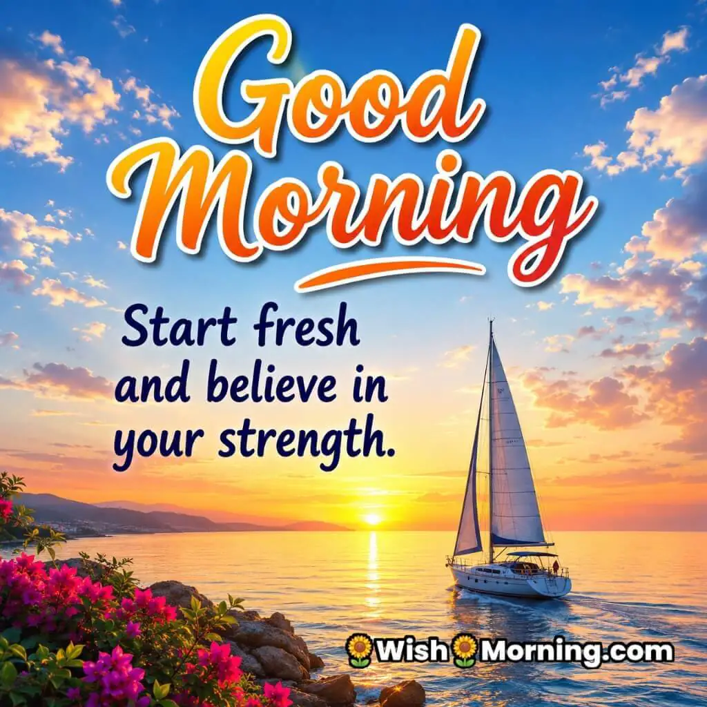 Good Morning Ocean Fresh Start Quote featuring sailboat sailing toward a sunrise horizon symbolizing confidence and renewal