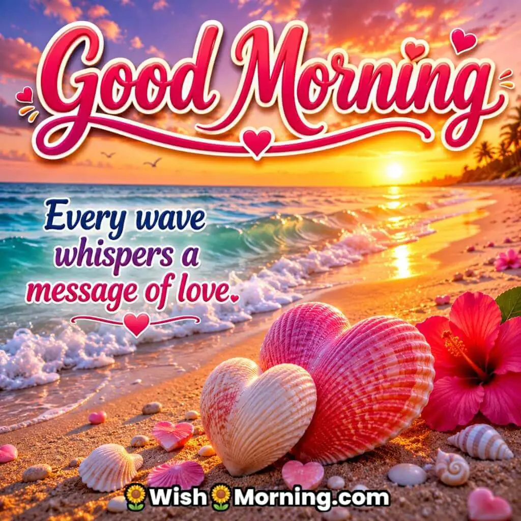Good Morning Ocean Love Message Quote featuring gentle sunrise waves and heart-shaped seashells symbolizing affection and romance
