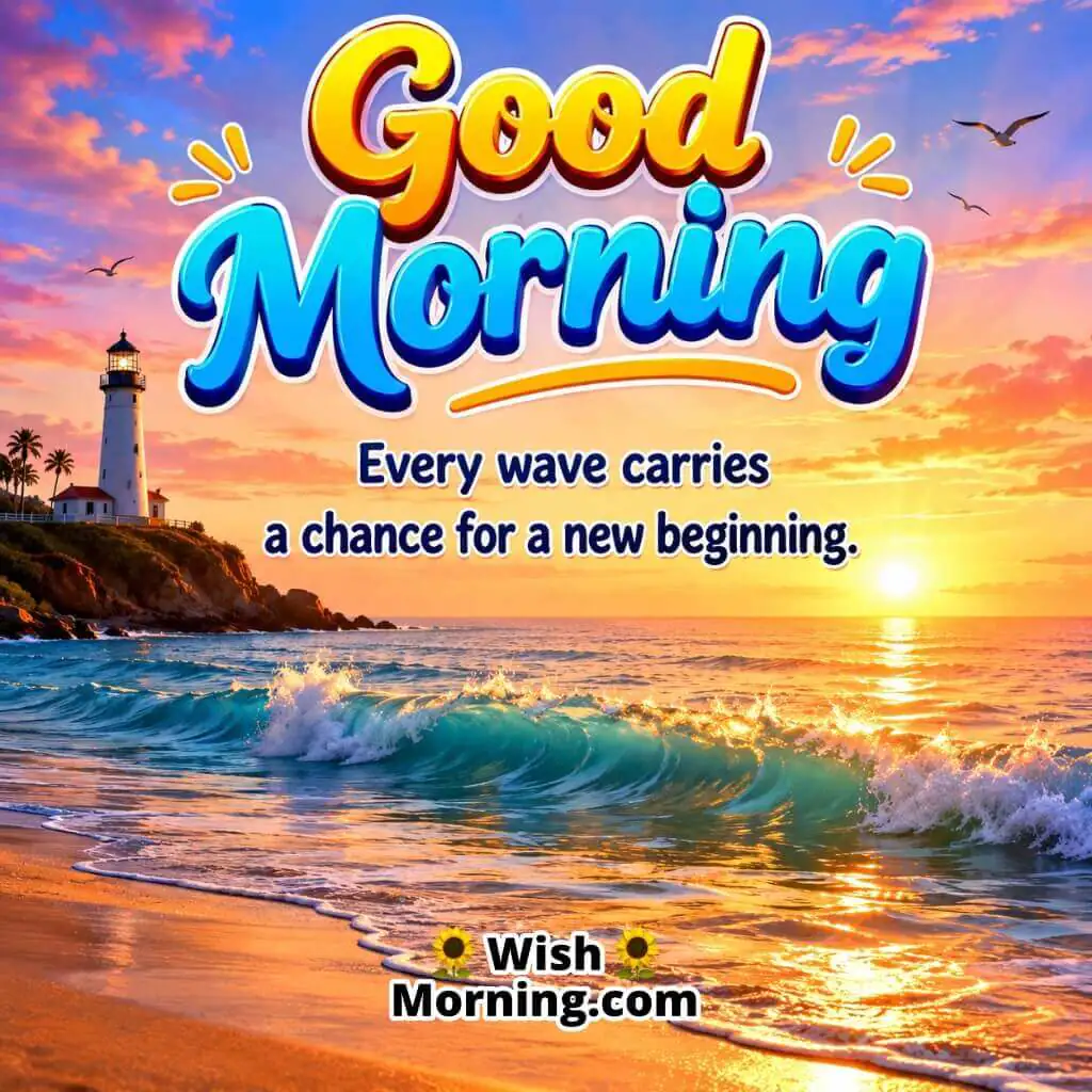 Good Morning Ocean New Beginning Quote featuring gentle waves under a golden sunrise symbolizing fresh opportunities and hope