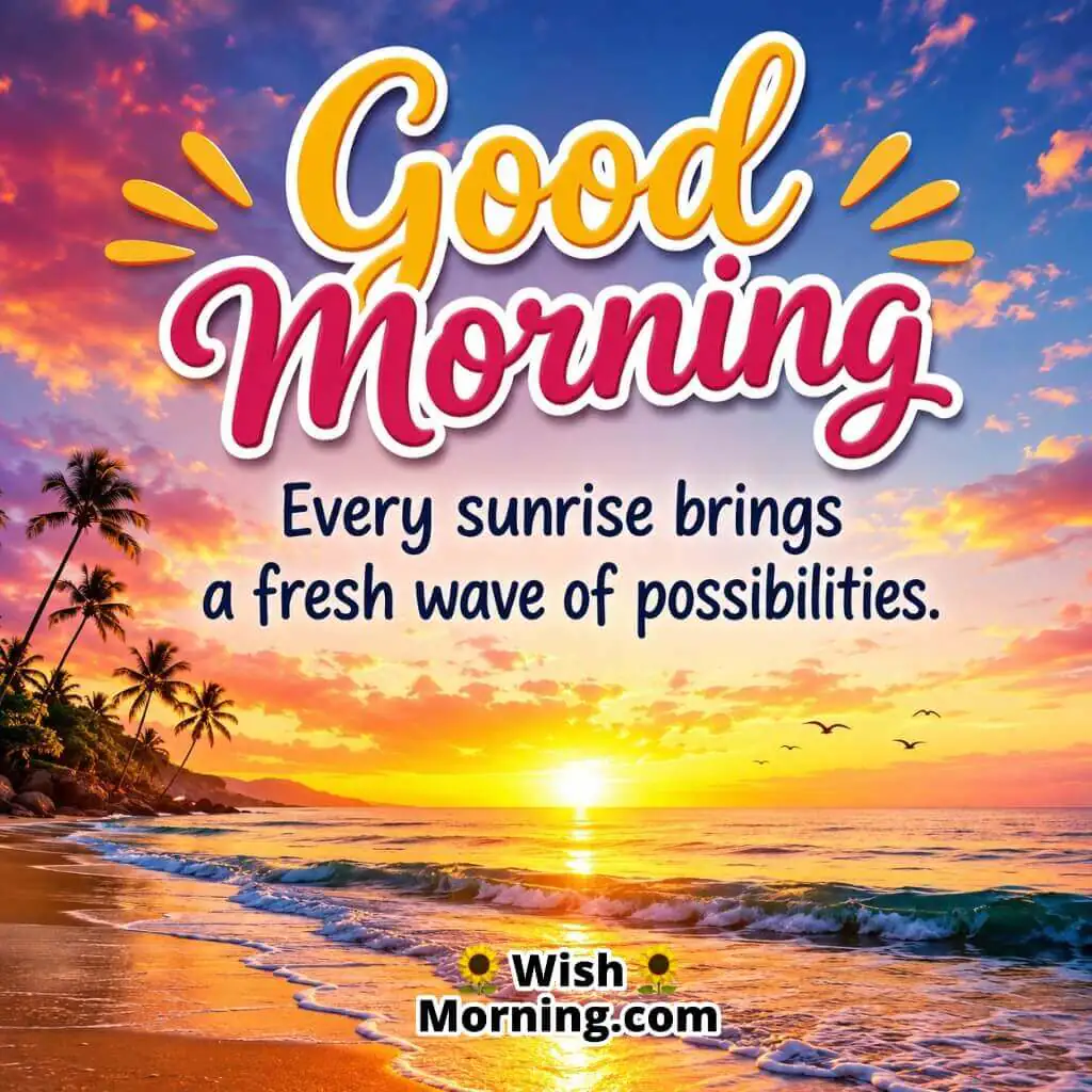 Good Morning Ocean Possibilities Quote Image featuring sunrise and rolling ocean waves symbolizing new beginnings and opportunities