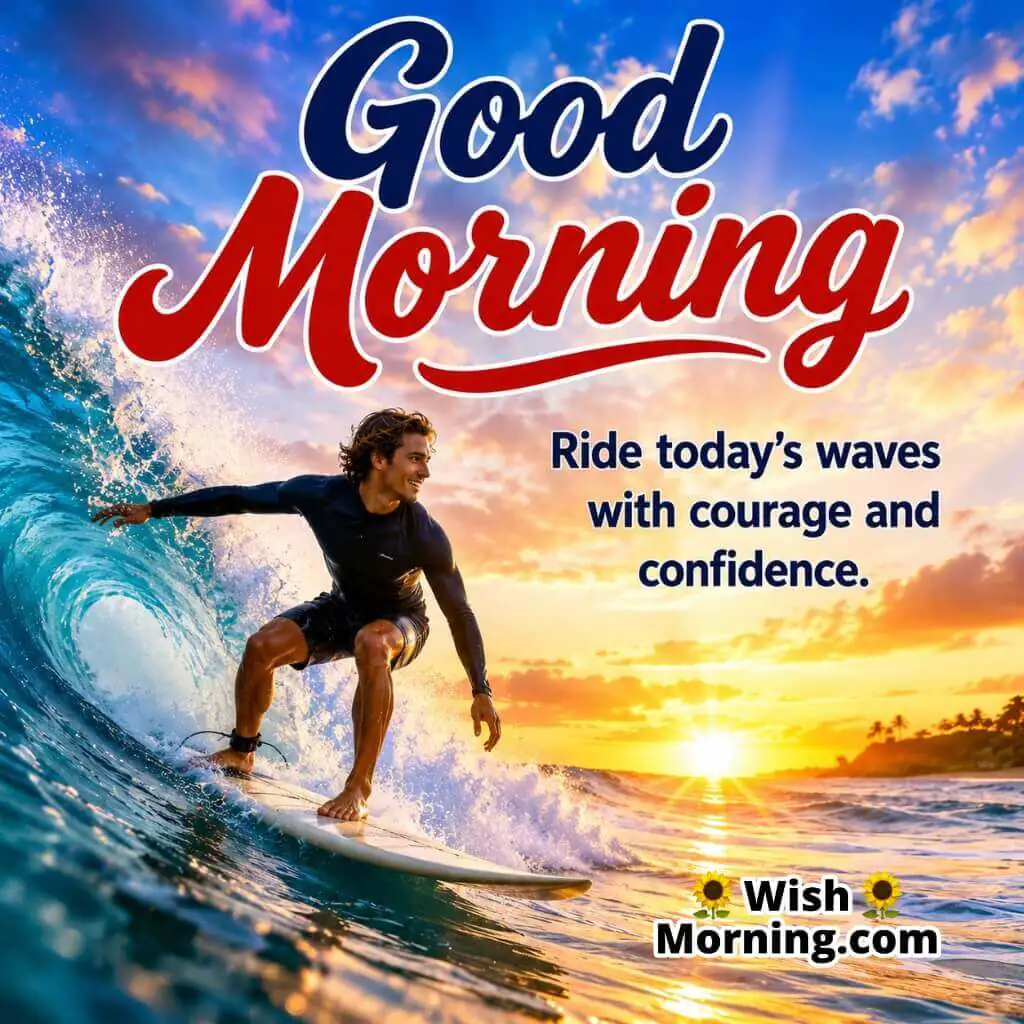 Good Morning Ocean Waves Courage Quote Image featuring powerful sunrise waves and a confident surfer symbolizing bravery and confidence