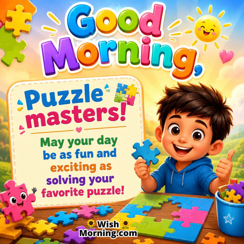 Good Morning Puzzle Masters Image featuring a smiling child solving colorful puzzles symbolizing learning, fun and creativity.