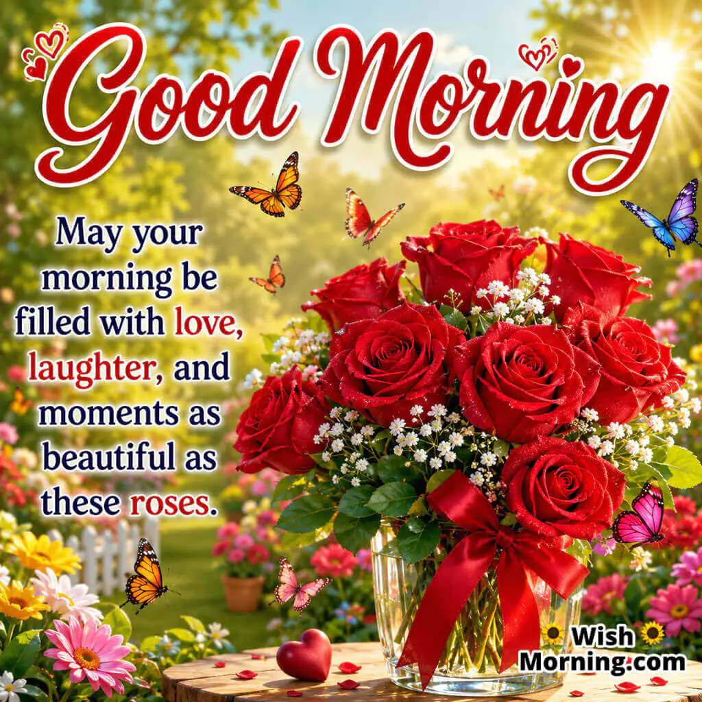 Good Morning Red Rose Bouquet Love Message featuring a colorful bouquet of roses in a cheerful sunrise garden symbolizing love and happiness