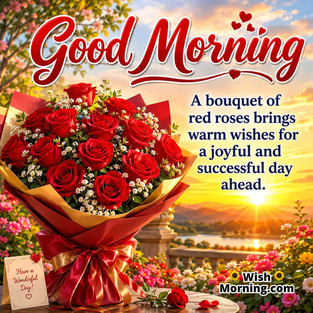 Good Morning Red Rose Bouquet Wishes Image featuring a beautiful bouquet of red roses in sunrise light symbolizing joy and success