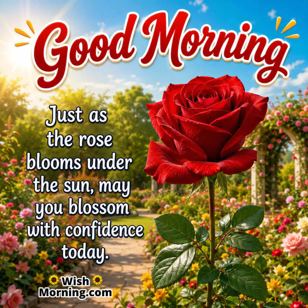 Good Morning Red Rose Confidence Message featuring a vibrant rose beneath bright morning sunshine symbolizing growth and self-belief