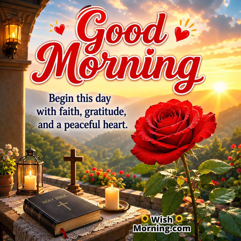 Good Morning Red Rose Faith Message featuring a blooming red rose in a peaceful sunrise prayer setting symbolizing gratitude and inner peace