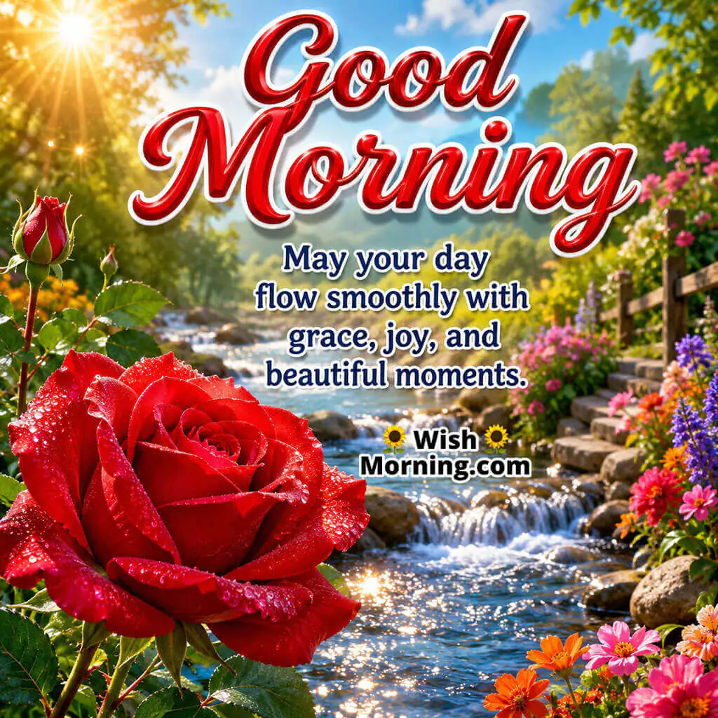 Good Morning Red Rose Graceful Day Quote featuring a fresh red rose beside sparkling water at sunrise symbolizing grace and happiness