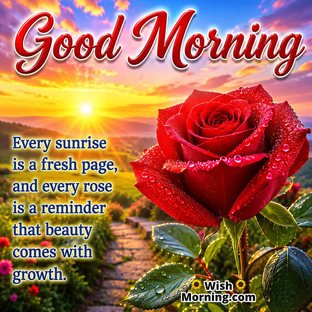 Good Morning Red Rose Growth Message featuring a blooming red rose beneath a sunrise sky symbolizing progress and personal growth