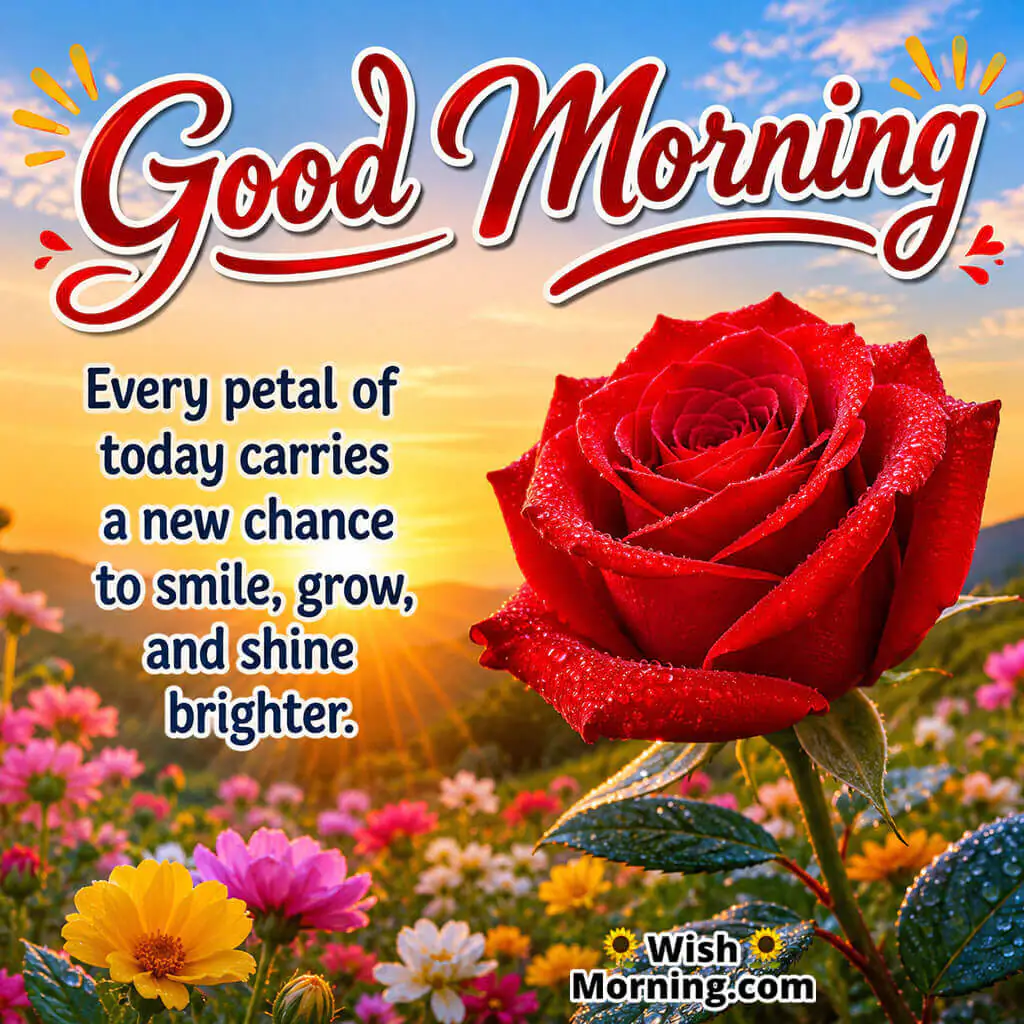 Good Morning Red Rose Opportunity Message featuring a blooming red rose beneath sunrise light symbolizing growth and new beginnings
