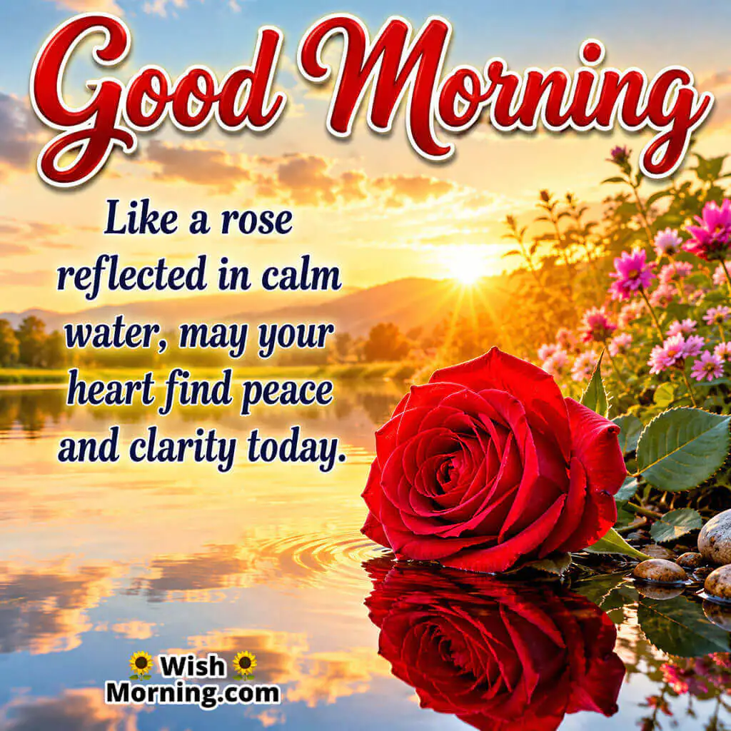 Good Morning Red Rose Water Reflection Quote featuring a red rose mirrored in calm sunrise water symbolizing peace and clarity