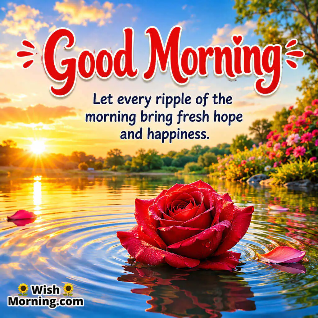 Good Morning Red Rose and Water Hope Message featuring a blooming rose beside gentle sunrise ripples symbolizing hope and positivity