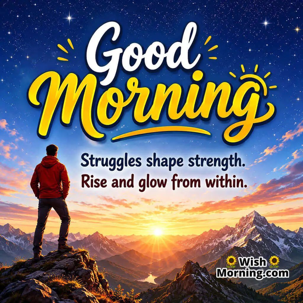 Good Morning Rise and Shine Inspirational Quote featuring person beneath starry dawn sky symbolizing resilience and inner strength