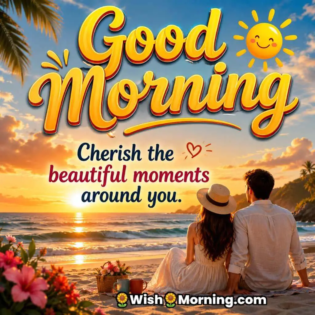 Good Morning Romantic Beach Moments Quote featuring couple enjoying a peaceful sunrise by the ocean symbolizing togetherness and appreciation