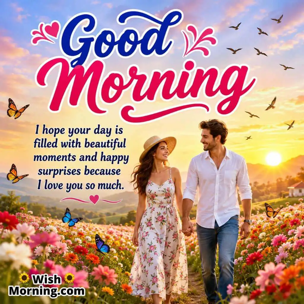 Good Morning Romantic Love Wish Image featuring couple in colorful flower field at sunrise symbolizing happiness and affection