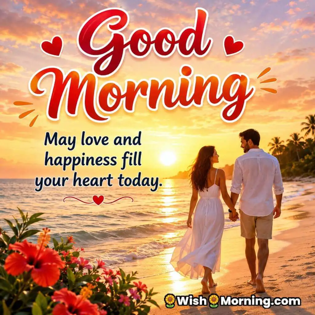 Good Morning Romantic Ocean Love Quote Image featuring couple walking along a sunrise beach symbolizing love and happiness