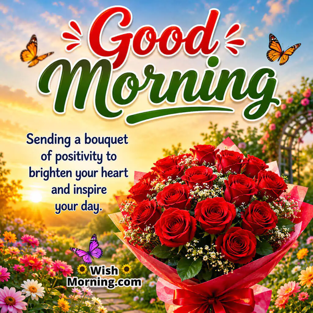 Good Morning Rose Bouquet Inspiration Quote featuring a bright bouquet of roses surrounded by morning sunshine symbolizing positivity and encouragement 