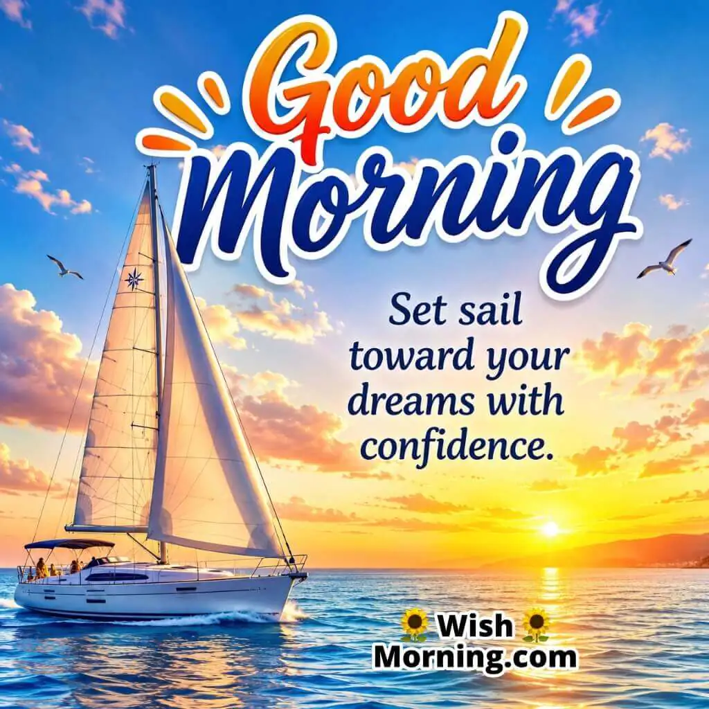Good Morning Sailboat Dreams Quote Image featuring sailboat sailing across a sunrise ocean symbolizing confidence and aspiration