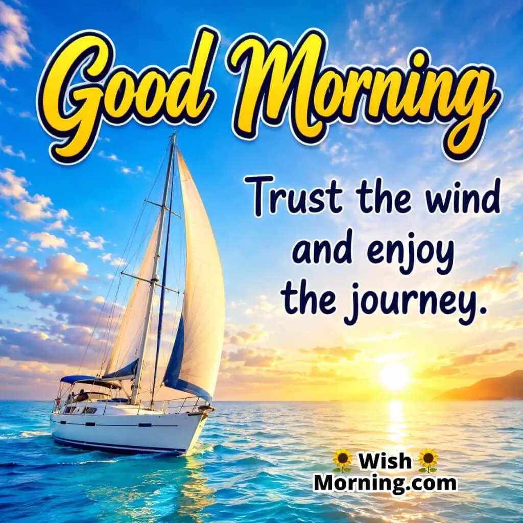 Good Morning Sailboat Journey Inspiration Quote featuring sailboat moving across calm ocean waters symbolizing trust and positivity