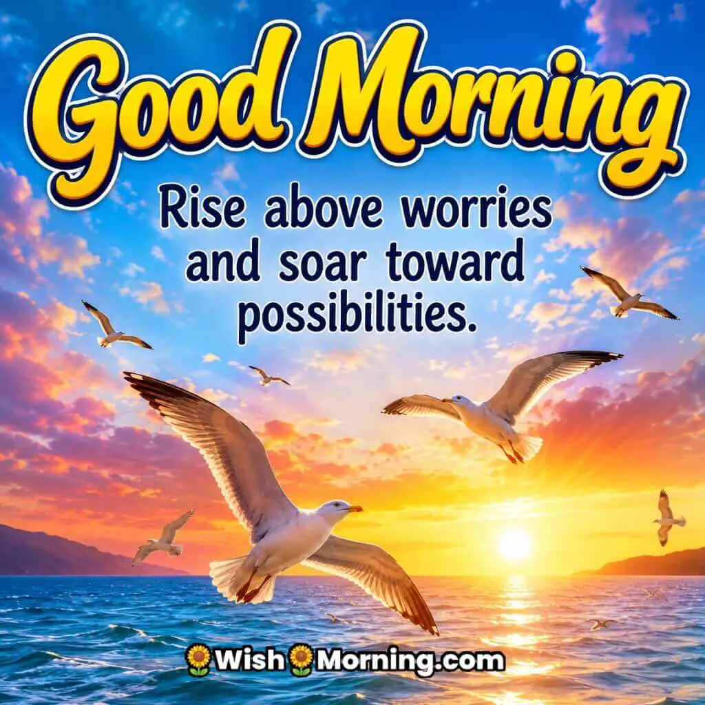 Good Morning Seagull Freedom Quote Image featuring seagulls soaring above a sunrise ocean symbolizing freedom and opportunity