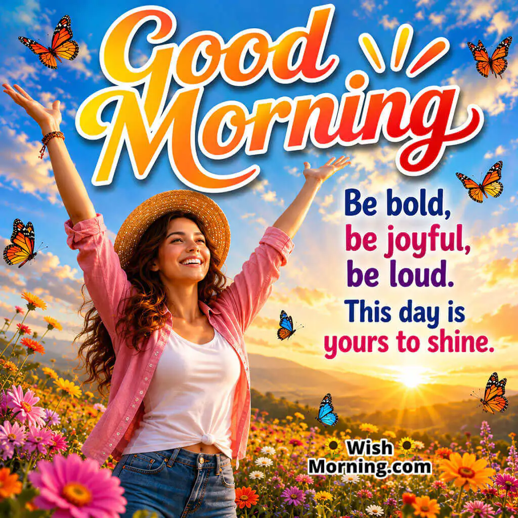 Good Morning Shine Bright Inspirational Message featuring joyful person celebrating in a sunrise flower field symbolizing confidence and success