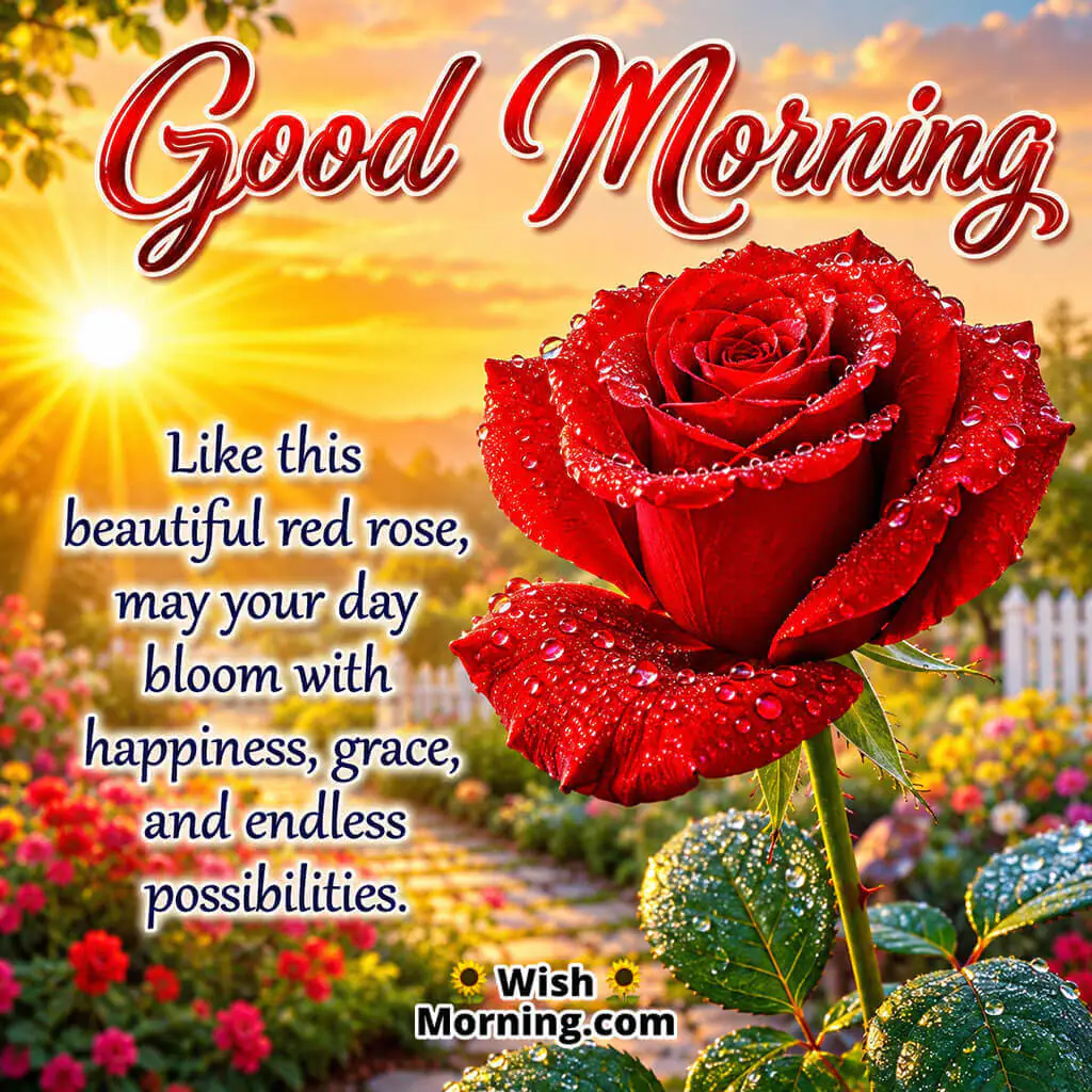 Good Morning Single Red Rose Happiness Quote featuring a dew-covered red rose in a colorful sunrise garden symbolizing happiness and possibilities