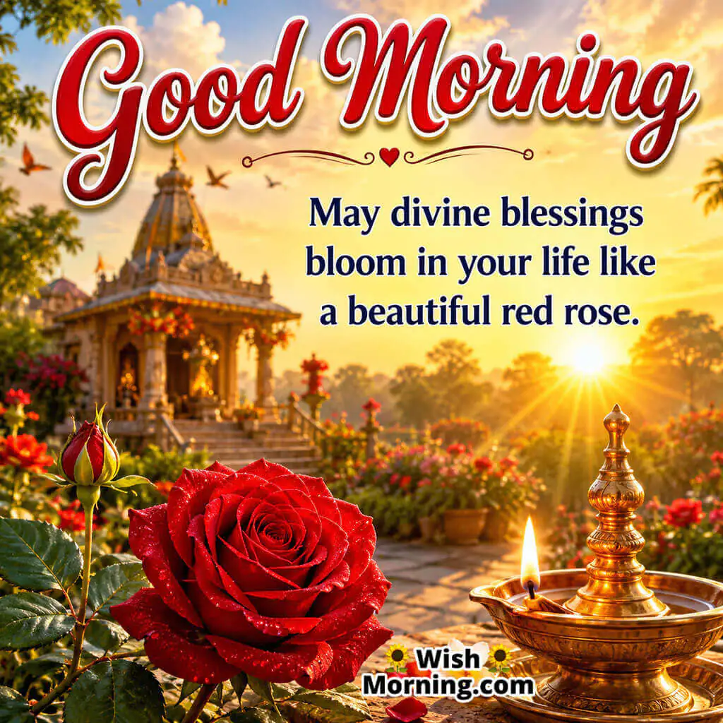 Good Morning Spiritual Red Rose Blessing Quote featuring a red rose beside a glowing temple lamp at sunrise symbolizing divine blessings and faith