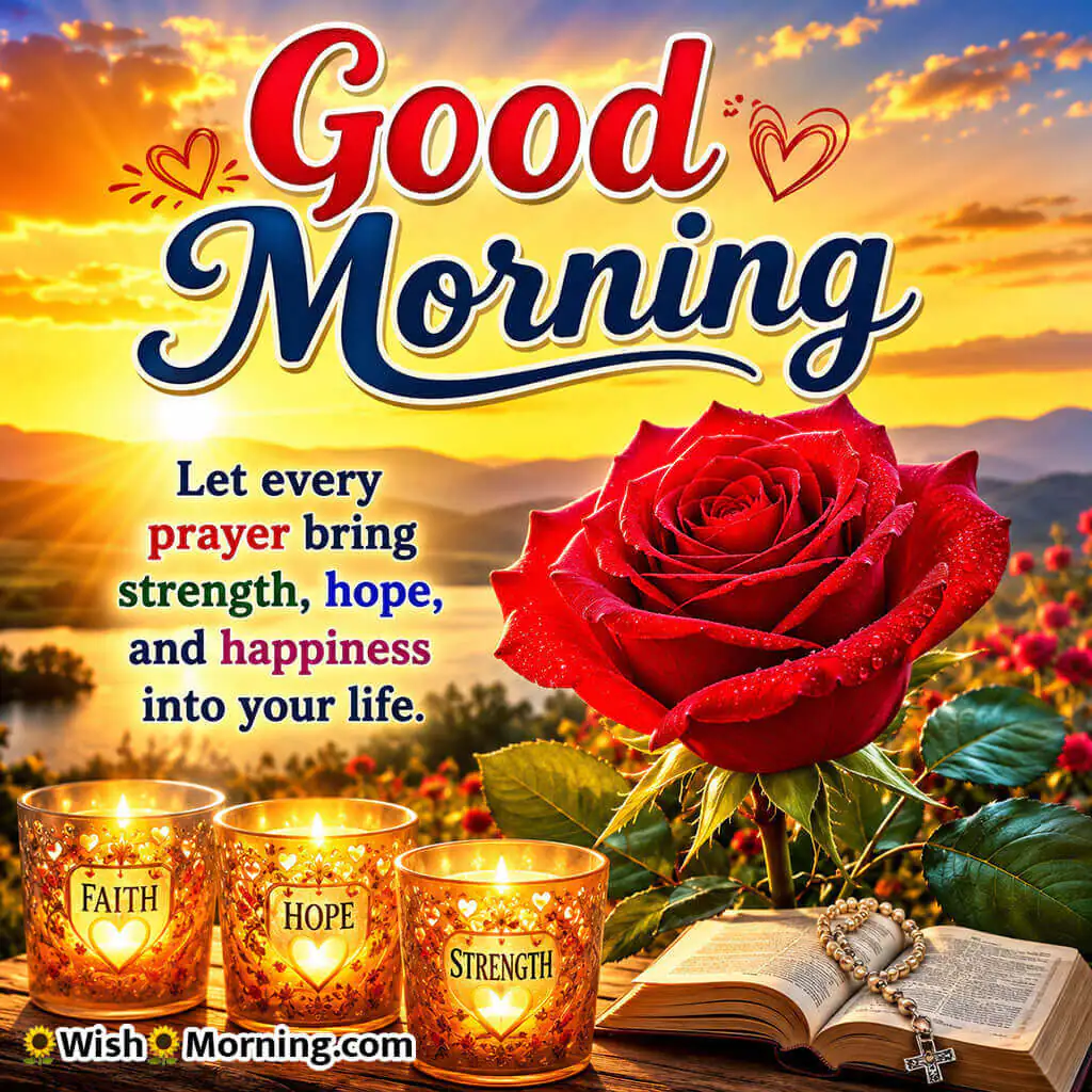 Good Morning Spiritual Red Rose Prayer Quote featuring a radiant red rose surrounded by glowing prayer lights symbolizing hope and spiritual strength