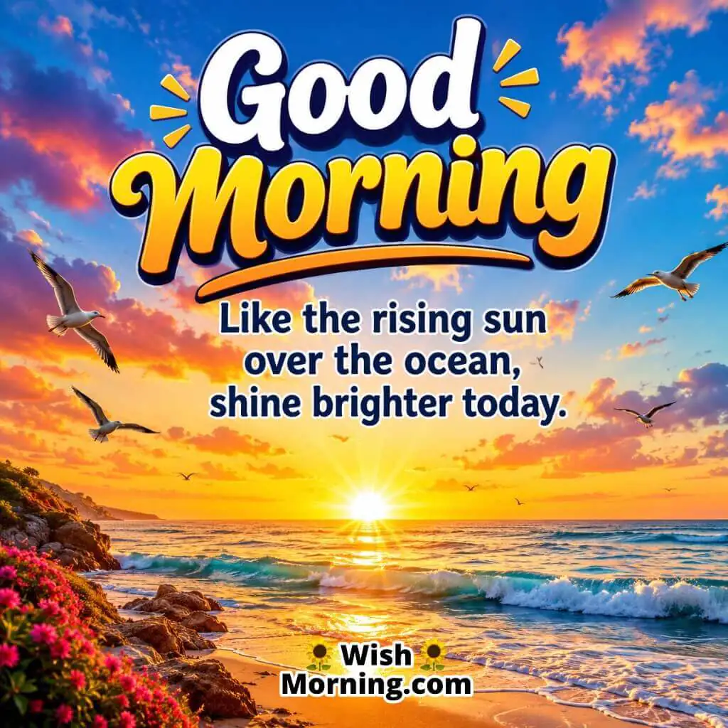 Good Morning Sunrise Ocean Hope Quote Image featuring golden sunrise above a calm ocean horizon symbolizing happiness and optimism