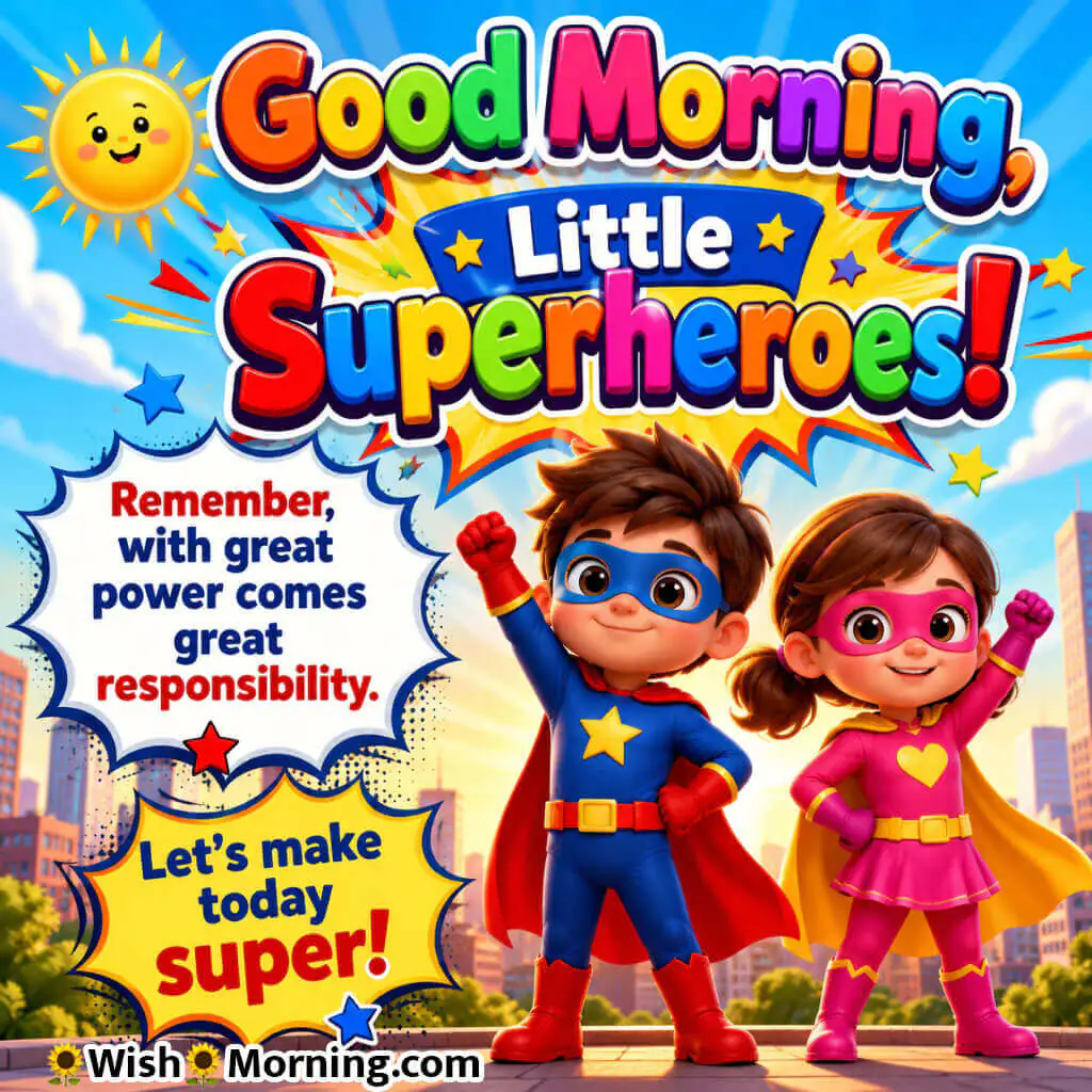 Good Morning Superheroes Status Pic featuring young superheroes in colorful costumes symbolizing courage, responsibility and confidence.