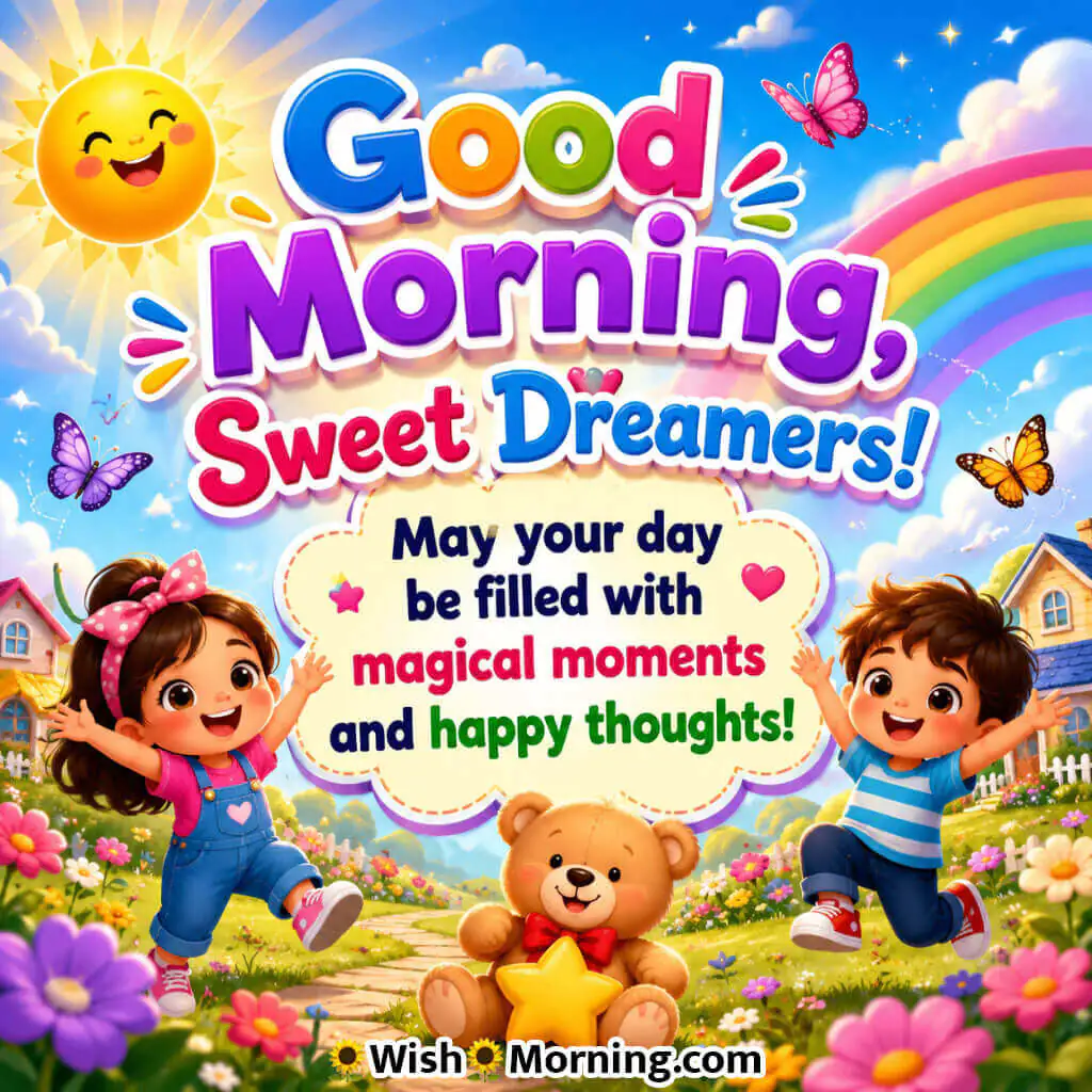 Good Morning Sweet Dreamers Message featuring happy children, a teddy bear, rainbow and sunshine symbolizing magical moments and joyful thoughts.