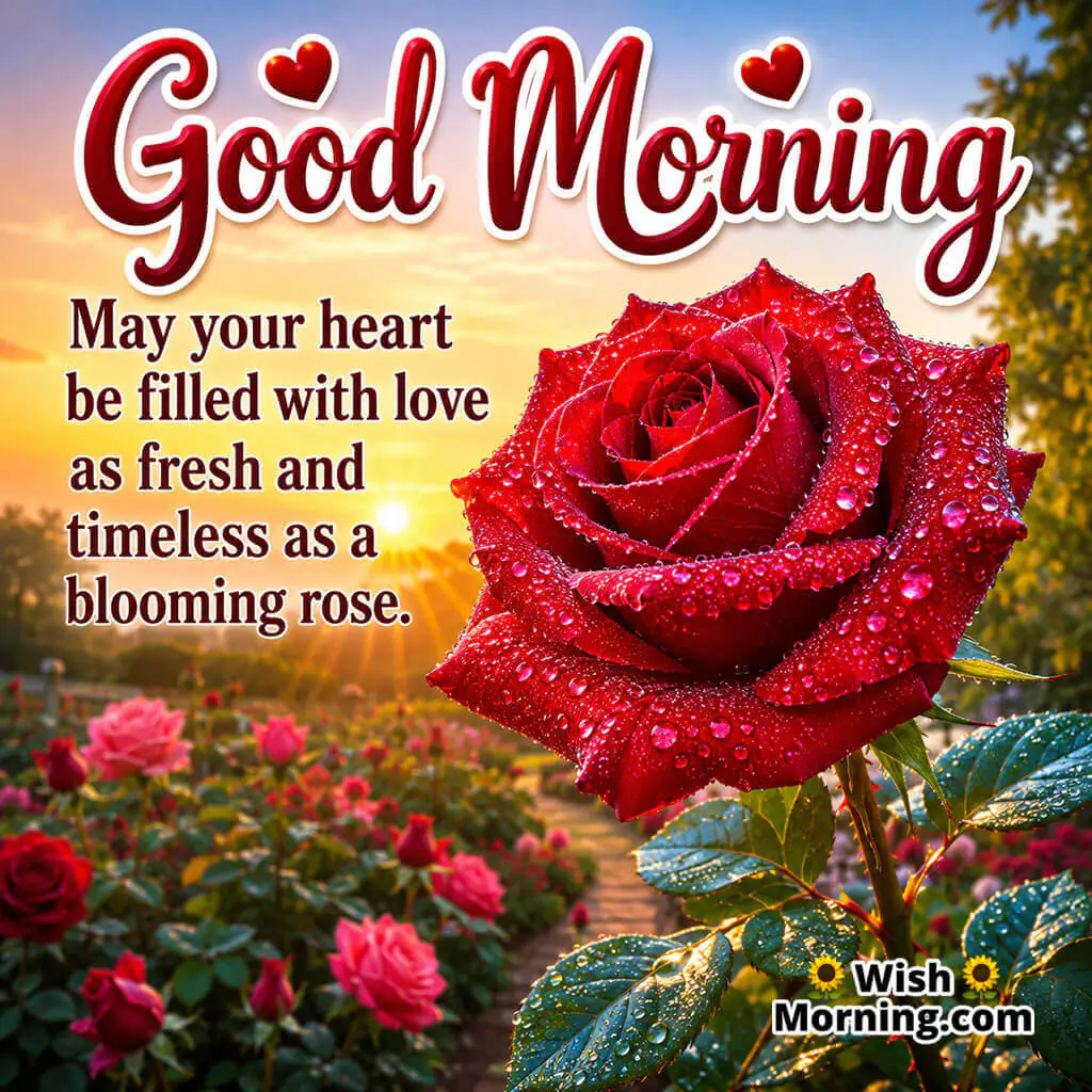 Good Morning Timeless Red Rose Love Quote featuring a blooming red rose in a colorful sunrise garden symbolizing lasting love and happiness