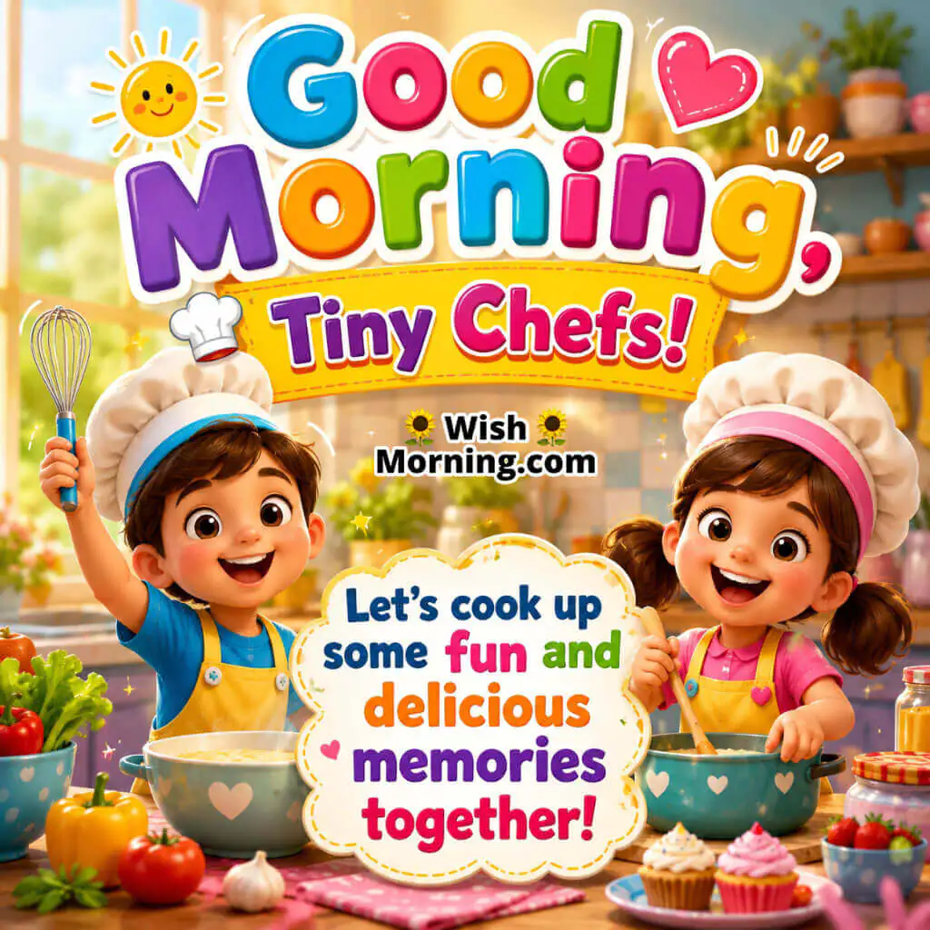 Good Morning Tiny Chefs Image featuring smiling children cooking together in a colorful kitchen symbolizing fun, teamwork and happy memories.