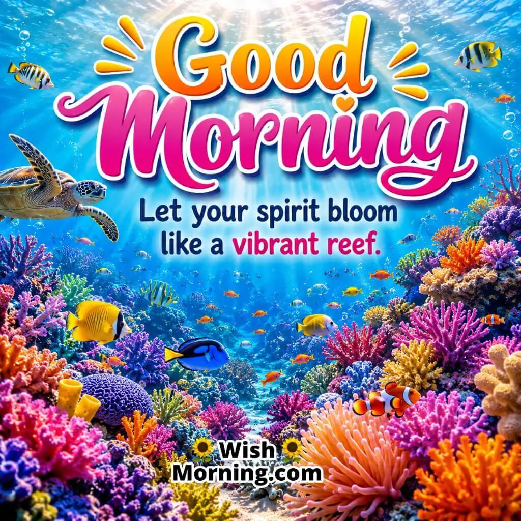 Good Morning Vibrant Coral Reef Inspiration Quote featuring colorful coral garden beneath clear ocean water symbolizing growth and happiness