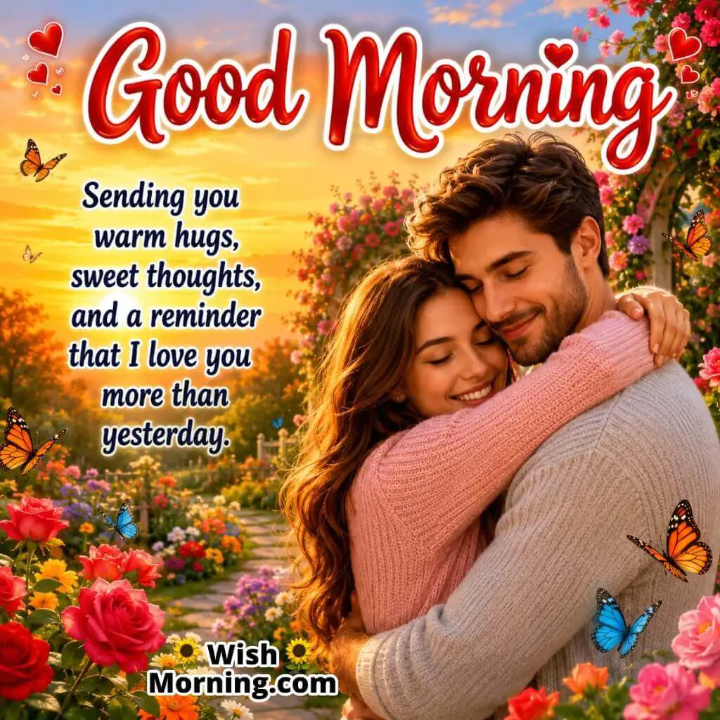 Good Morning Warm Hugs Love Message featuring couple embracing in sunrise garden symbolizing affection and care