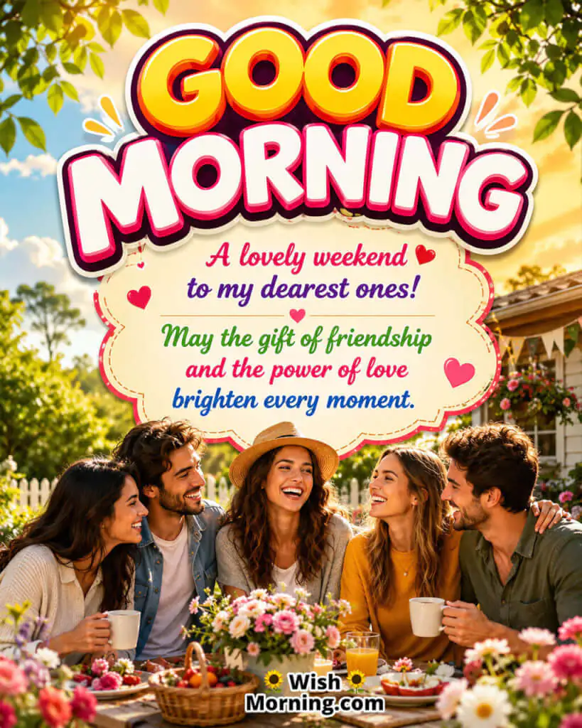 Good Morning Weekend Love and Friendship Wish Image featuring a joyful group of friends sharing smiles in a beautiful garden, symbolizing friendship and love.