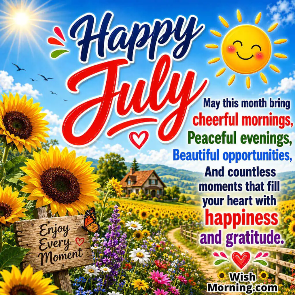Happy July Greetings Image with Summer Blessings featuring golden sunflower fields, colourful wildflowers, a cheerful blue sky, and a peaceful countryside symbolizing happiness, gratitude, and beautiful opportunities.