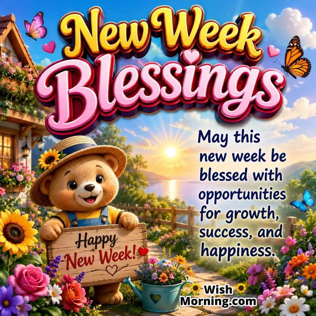 Happy New Week Blessings Wish Image featuring a smiling teddy bear, colorful flowers, butterflies, and a bright sunrise garden symbolizing happiness, growth, and success.